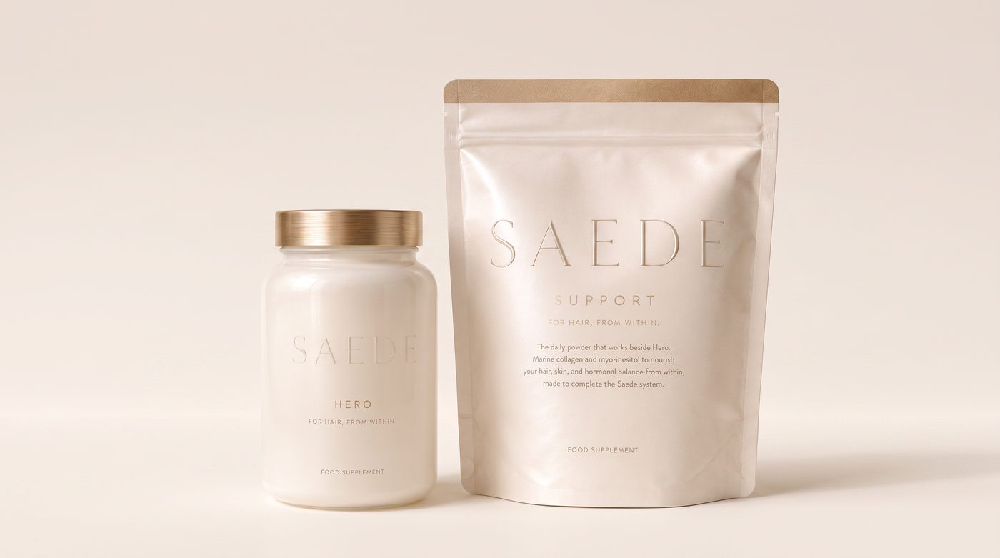 The Saede Hero capsule jar and Support powder pouch side by side on a soft cream background.