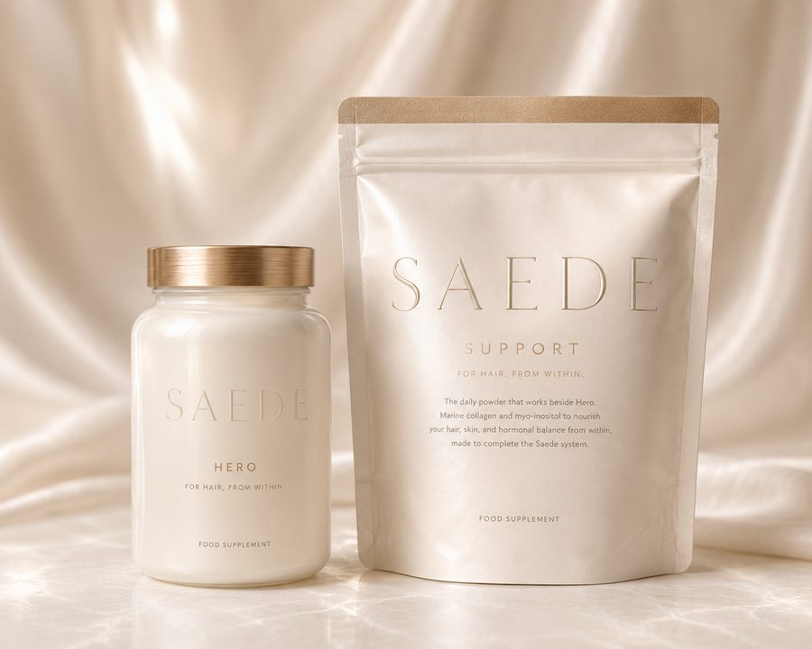 The Saede duo: the Hero capsule jar with a brushed gold lid beside the Support powder pouch, on pale silk.